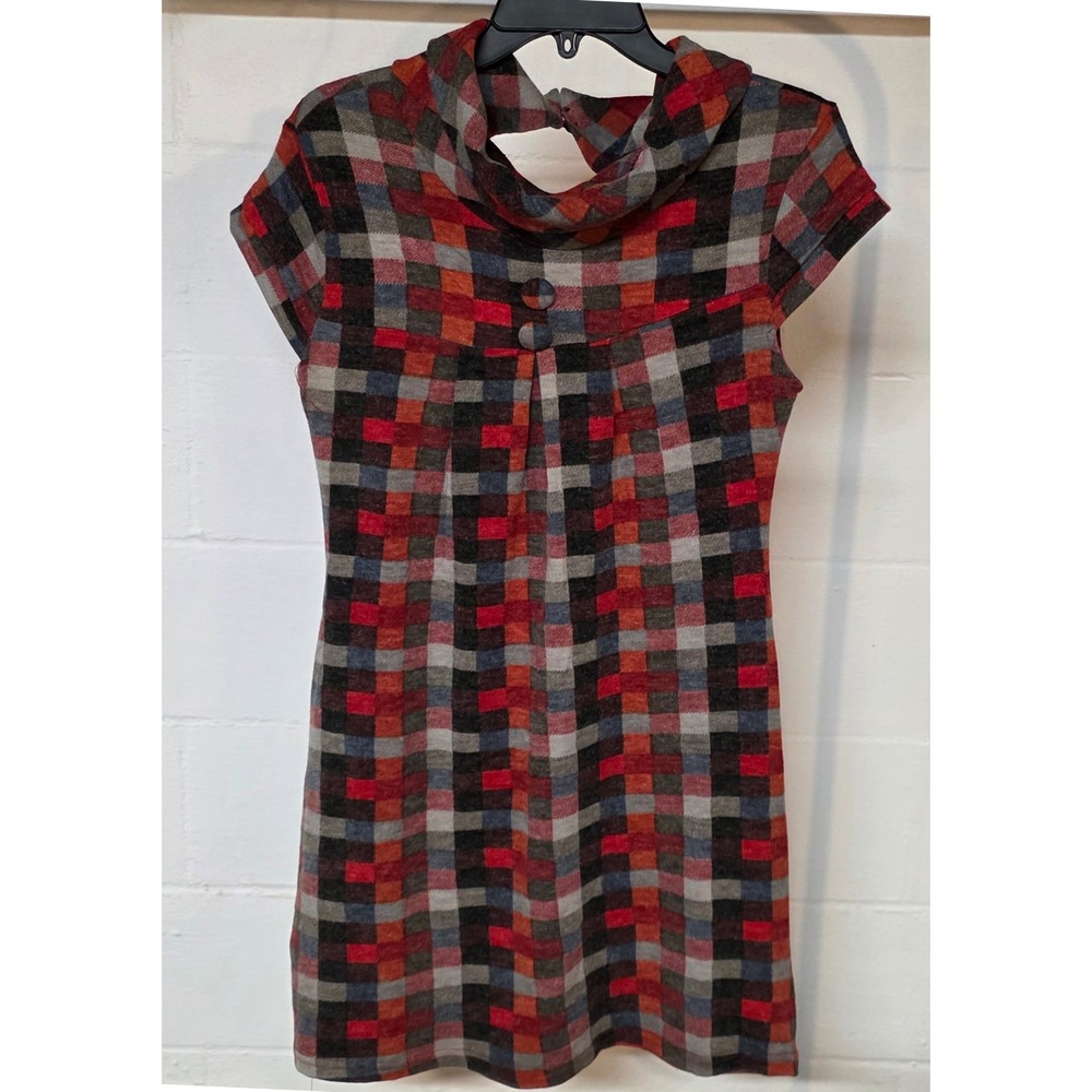 Aryeh Multi-Color Check Cowl Neck Short Sleeve Shift Dress Keyhole Back Small
